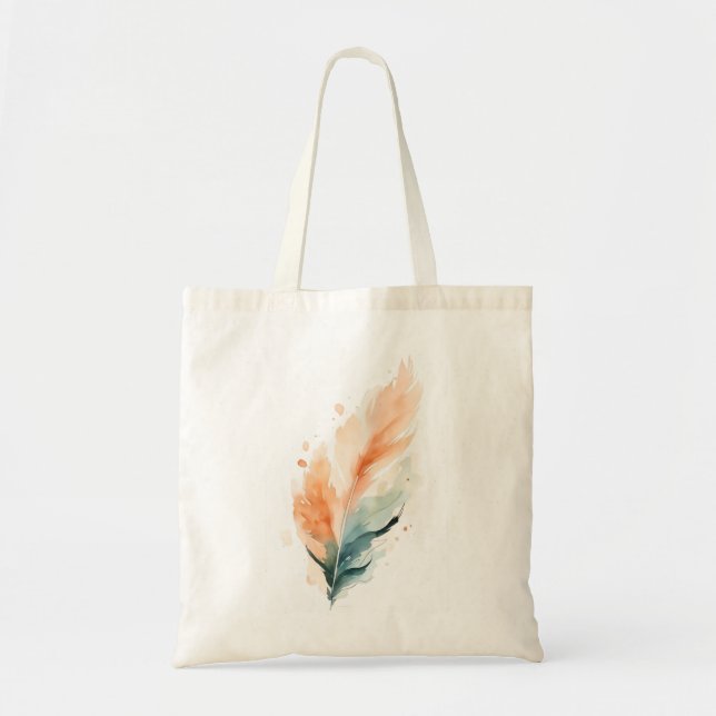 Bolsa Tote Watercolour Feather Art Print | Boho Orange Teal F (Frente)