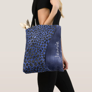 Bolsa Tote Wave de Grelha de Impressão Animal com Glitter Azu