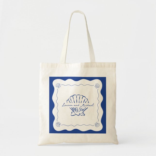 Bolsa Tote Wavy Coastal Modern Marinho Blue Weding Welcome (Frente)