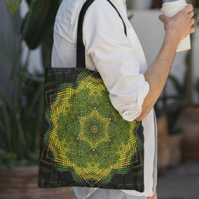 Bolsa Tote Weave Mandala Verde Amarelo e Negro (Criador carregado)