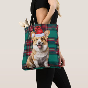 Bolsa Tote Welsh Corgi Natal Cachorro Plaid Verde Sazonal