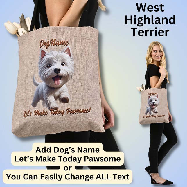Bolsa Tote West Highland Terrier, adicione o nome do cão, mud (Criador carregado)