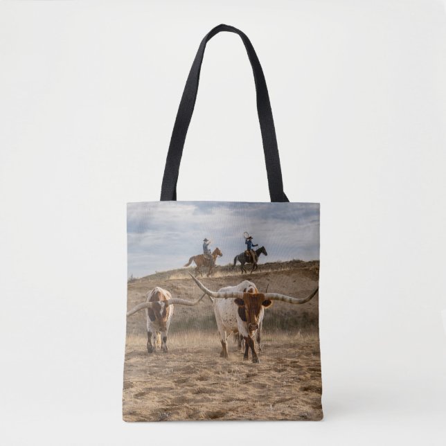 Bolsa Tote Western Cowboys with Longhorn Cattle (Frente)