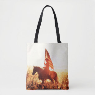 Bolsa Tote Western - retrato de cowboy com bandeira dos EUA