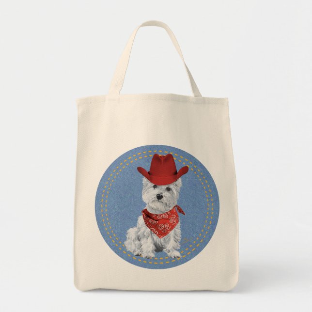 Bolsa Tote Westie Cowboy em Denim (Frente)