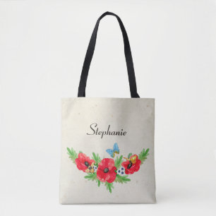 Bolsa Tote Whimsage Red Poppy Watercolor Com Nome