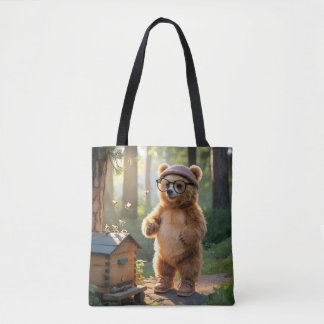 Bolsa Tote Whimsical Bear Beekeeper in a Sunny Forest