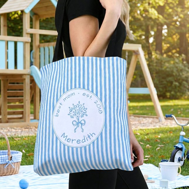 Bolsa Tote Whimsical Blue White Stripe Preppy Mom Established (Criador carregado)