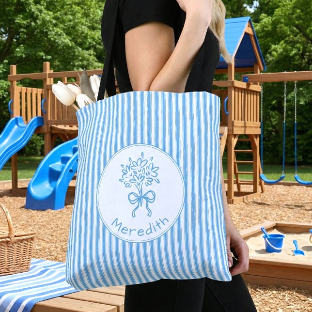 Bolsa Tote Whimsical Blue White Stripe Preppy Monogram (Criador carregado)