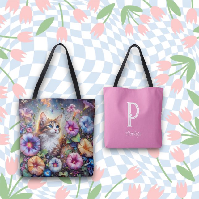 Bolsa Tote Whimsical Cat Lindas Flores Monograma Nome (Criador carregado)