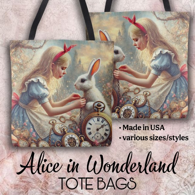 Bolsa Tote Whimsical Fairytale Art Alice and White Rabbit (Criador carregado)