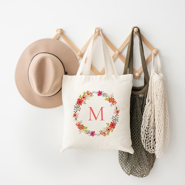 Bolsa Tote Whimsical Floral Wreath Monograma (Criador carregado)