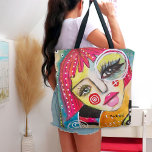 Bolsa Tote Whimsical Girl Hot Pink Hair Quirky Colorful Fun<br><div class="desc">This colorful mixed media original art piece features a quirky, whimsical girl with bright pink hair on a colorful abstract background of dusty blue and tangerine orange with pink, yellow, and green half circle shapes and black and white stripes and an assortment of doodles. This fun, artsy tote bag is...</div>