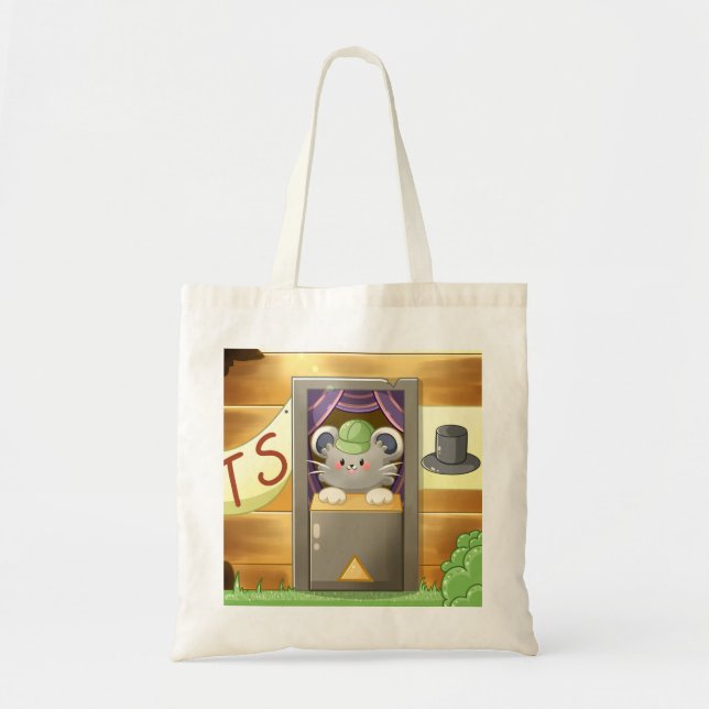 Bolsa Tote Whimsical Mouse Vendor – Cute Hat Booth Character (Frente)