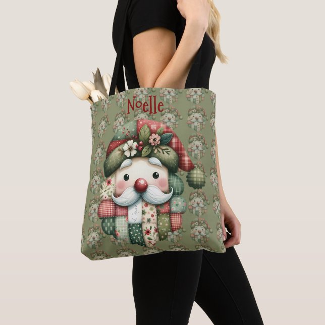 Bolsa Tote Whimsical Patchwork Santa Folk Christmas (Close Up)