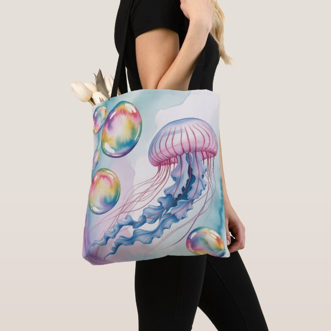Bolsa Tote Whimsical Rainbow Jellyfish Watercolor Design (Close Up)