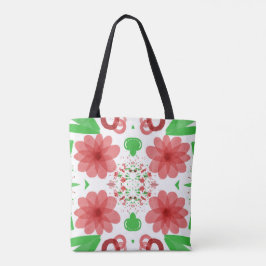 Bolsa Tote Whimsical Red Flowers Green Leaves On White Art