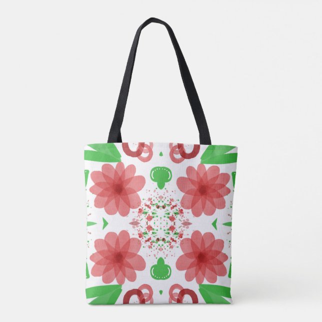 Bolsa Tote Whimsical Red Flowers Green Leaves On White Art (Verso)