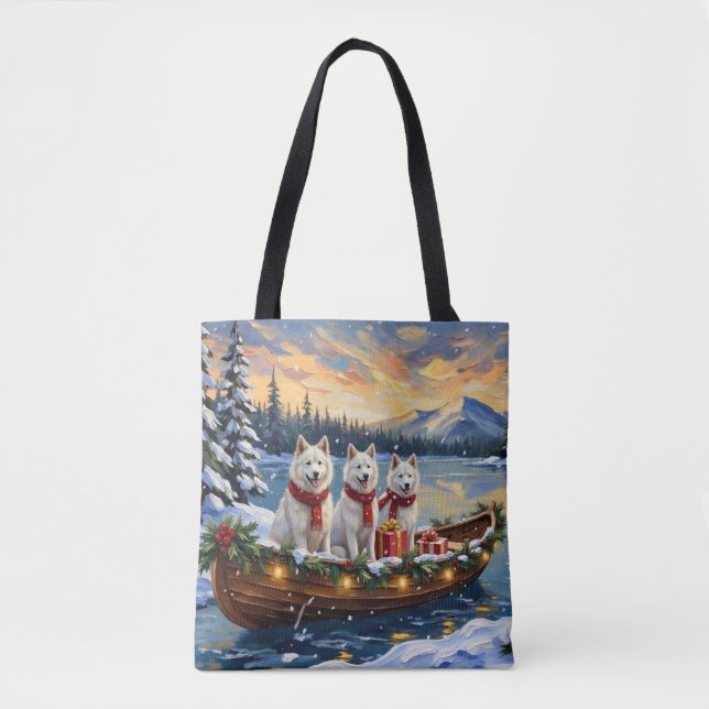 Bolsa Tote White American Eskimo Dog Christmas Boat Holiday (Frente)