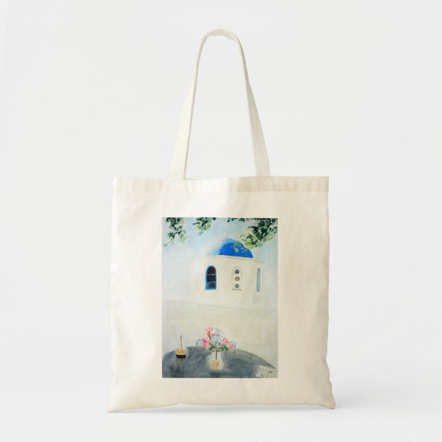 Bolsa Tote white and blue Santorini church (Frente)