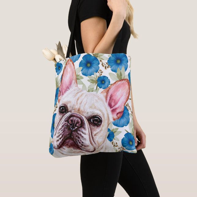 Bolsa Tote White Bulldog Bonito de Francês no Padrão Azul da  (Close Up)