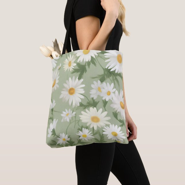 Bolsa Tote White Daisies On Sage Green (Close Up)