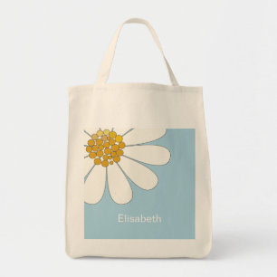 Bolsa Tote White Daisy Flower e Blue Personalize Name