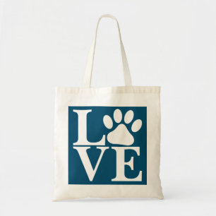 Bolsa Tote White LOVE Word Dog Paws Padrão No Azul Negro