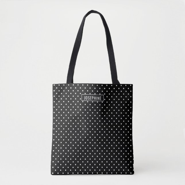 Bolsa Tote White On Black Polka Dots Pattern With Custom Name (Frente)