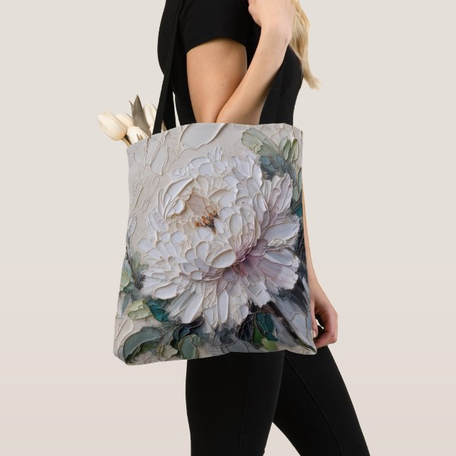 Bolsa Tote White Peony Impasto Art (Close Up)