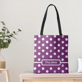 Bolsa Tote White Polka-Dot Paw Prints Purple Personalize