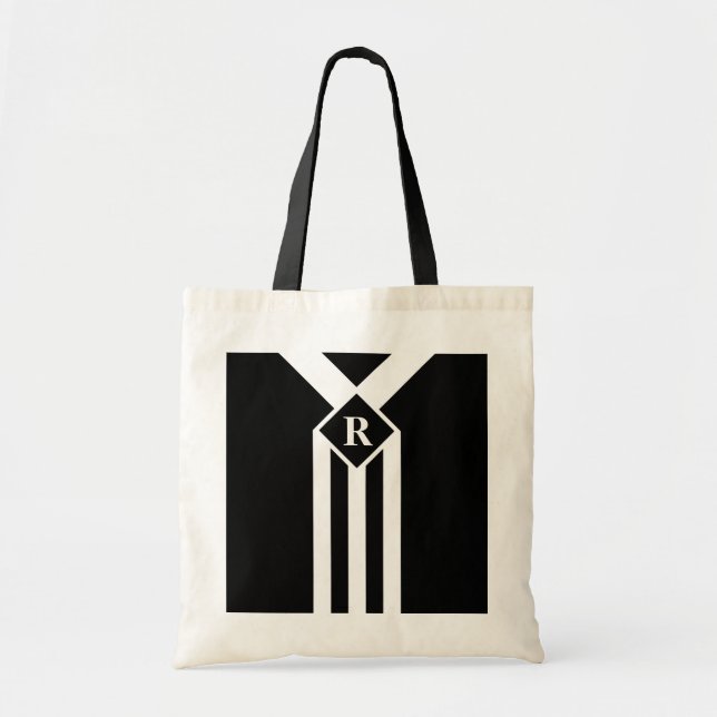 Bolsa Tote White Stripes e Chevrons a preto com monograma (Frente)