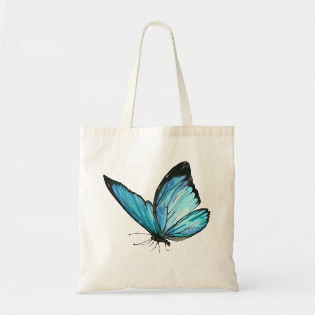 Bolsa Tote White Tote Bag with Blue Butterfly & Blue Flowe (Frente)