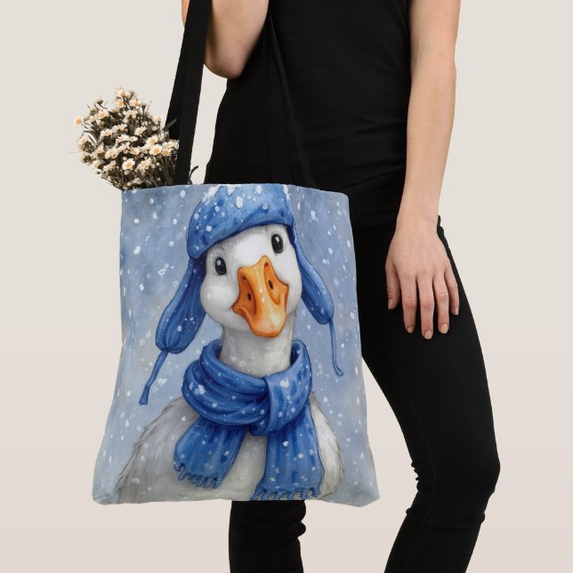 Bolsa Tote White Winter Goose With Blue Scarf (Close Up)