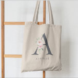 Bolsa Tote Wild Blush Botanical Floral Letter A Monogram<br><div class="desc">Elegant watercolor blush pink flowers and delicate garden greenery adorned on the letter "A" in slate gray,  monogram tote bag. Bag features a single template text line to personalize with name.</div>