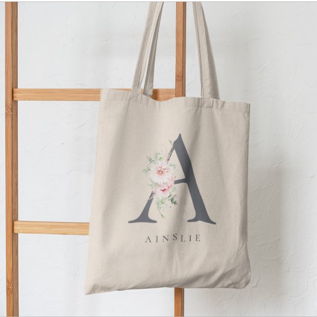 Bolsa Tote Wild Blush Botanical Floral Letter A Monogram (Criador carregado)