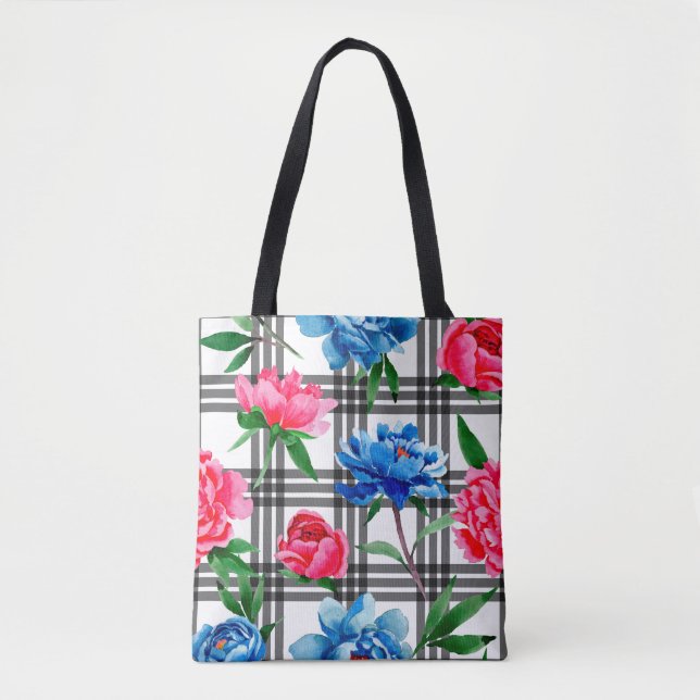 Bolsa Tote Wildflower red and blue peonies flowers pattern in (Frente)