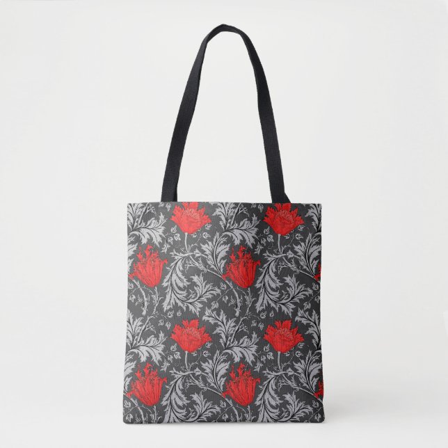 Bolsa Tote William Morris Anemone, Cinzas/Cinzas e Vermelho (Frente)