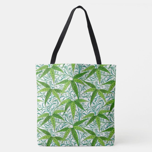Bolsa Tote William Morris Bamboo Impressão, Verde e Branco (Frente)