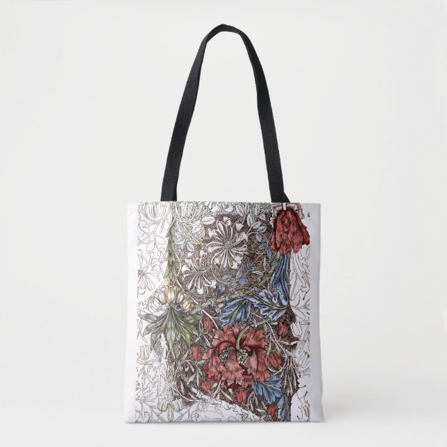 Bolsa Tote William morris flores ilustração floral vermelho b (Frente)