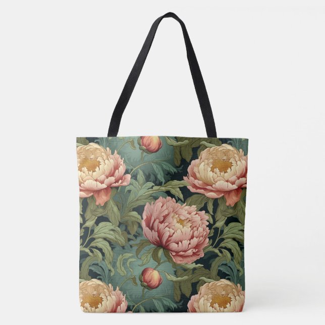 Bolsa Tote William Morris-Inspirado Peony Floral Patternado (Frente)
