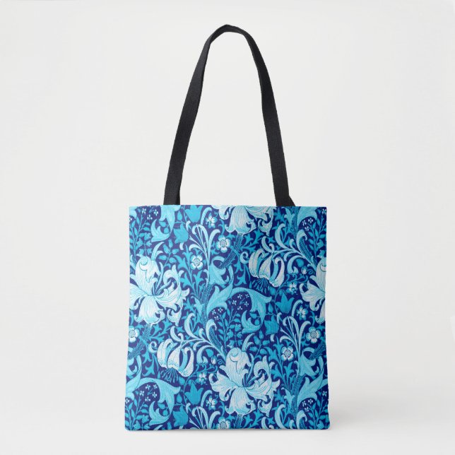 Bolsa Tote William Morris Iris e Lily, Indigo Blue & White (Frente)