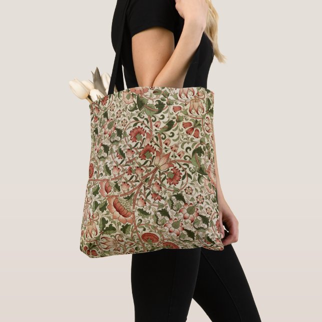 Bolsa Tote William Morris Lodden Flowers Foliage Verde Rosa (Close Up)