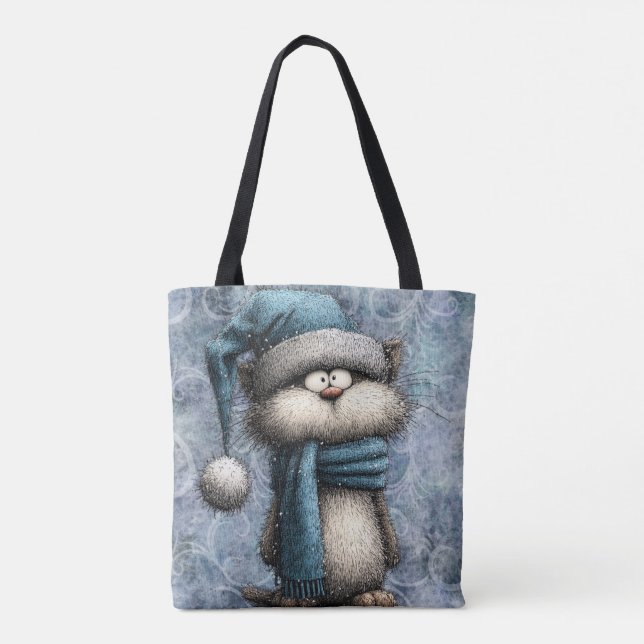 Bolsa Tote Winter Blue Christmas Cat With Hat And Scarf (Verso)
