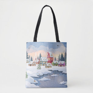 Bolsa Tote Winter Christmas landscape with snow-covered house