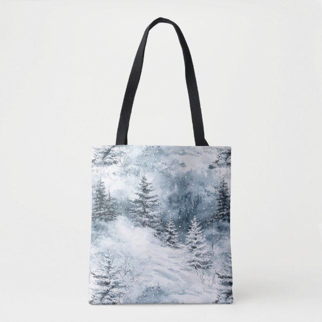 Bolsa Tote Winter Snow Blue White Christmas Pine Trees  (Frente)