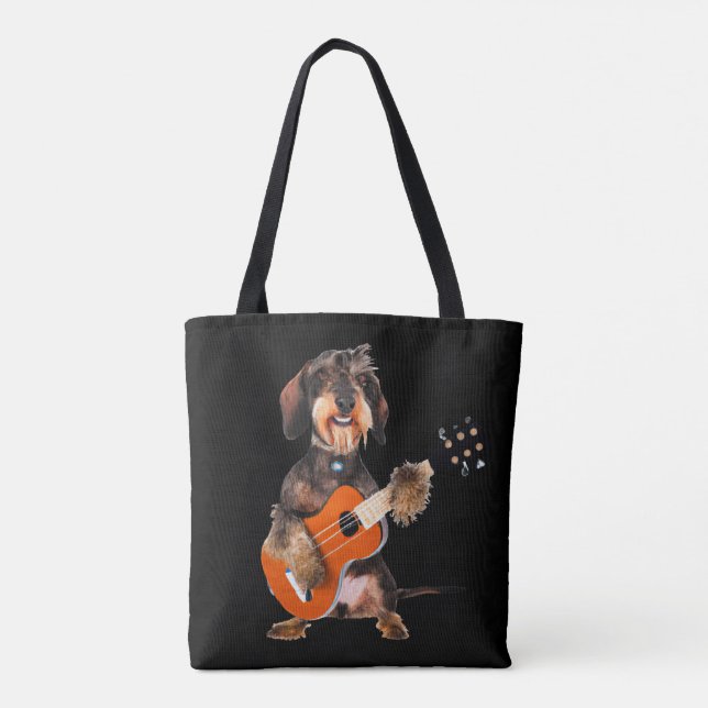 Bolsa Tote Wirehair Dachshund Tocando Violão Acústico (Verso)
