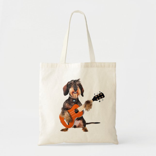 Bolsa Tote Wirehair Dachshund Tocando Violão Acústico (Frente)