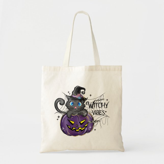 Bolsa Tote Witchy Vibes | Gato preto no punho e lanterna (Frente)
