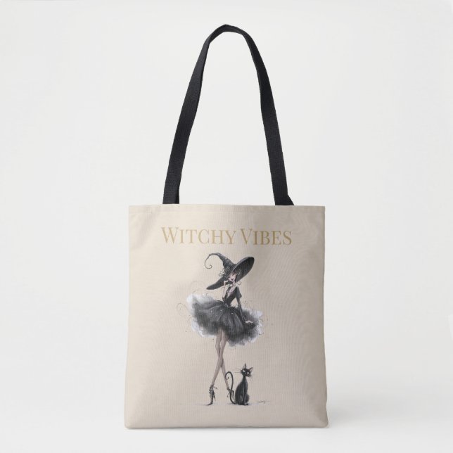 Bolsa Tote Witchy Vibes Light Edition – Gothic Witch & Cat (Frente)